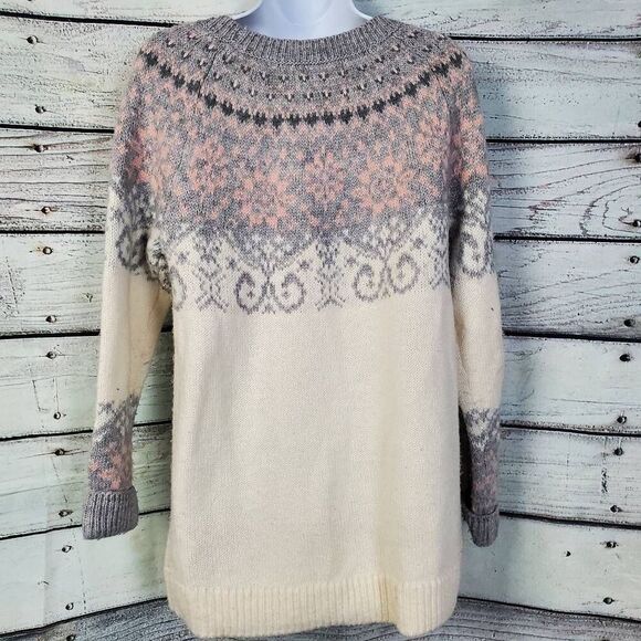 H&M L.O.G.G Fair Isle Knit Sweater XS Cream Gray Pink Wool Blend Pullover - Picture 3 of 6